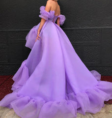 Homecomming Dresses Lace, Off the Shoulder Purple High Low Prom Dresses, High Low Purple Formal Graduation Dresses