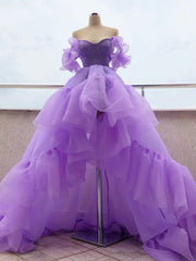 Homecoming Dresses Lace, Off the Shoulder Purple High Low Prom Dresses, High Low Purple Formal Graduation Dresses