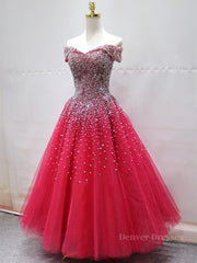 Bridesmaids Dress Short, Off the Shoulder Red Long Prom Gown, Off the Shoulder Red Beaded Formal Evening Dresses