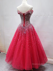 Bridesmaid Dress With Sleeve, Off the Shoulder Red Long Prom Gown, Off the Shoulder Red Beaded Formal Evening Dresses