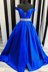 Party Dress Winter, Off-the-shoulder Royal Blue Evening Dress with Rhinestones Belt,event dresses elegant