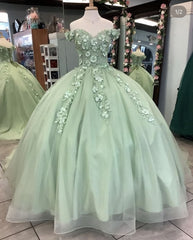 Elegant Dress For Women, Off The Shoulder Sage Green Ball Gown With Flowers Sweet 16 Dress Quinceanera