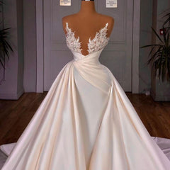 Weddings Dresses With Sleeves, Off the Shoulder Sequined Fur Satin Wedding Party Gown Sleeveless/Long Sleevess styles