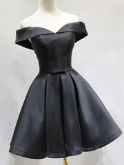 Bridesmaids Dresses Purple, Off the Shoulder Short Black Prom Dresses, Little Black Formal Graduation Homecoming Dresses