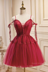 Classy Outfit, Off the Shoulder Short Burgundy Lace Prom Dresses, Wine Red Short Lace Formal Graduation Dresses