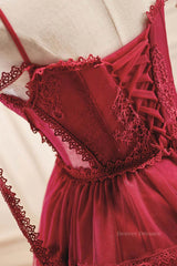 Club Outfit, Off the Shoulder Short Burgundy Lace Prom Dresses, Wine Red Short Lace Formal Graduation Dresses