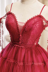 Party Dress Code Ideas, Off the Shoulder Short Burgundy Lace Prom Dresses, Wine Red Short Lace Formal Graduation Dresses