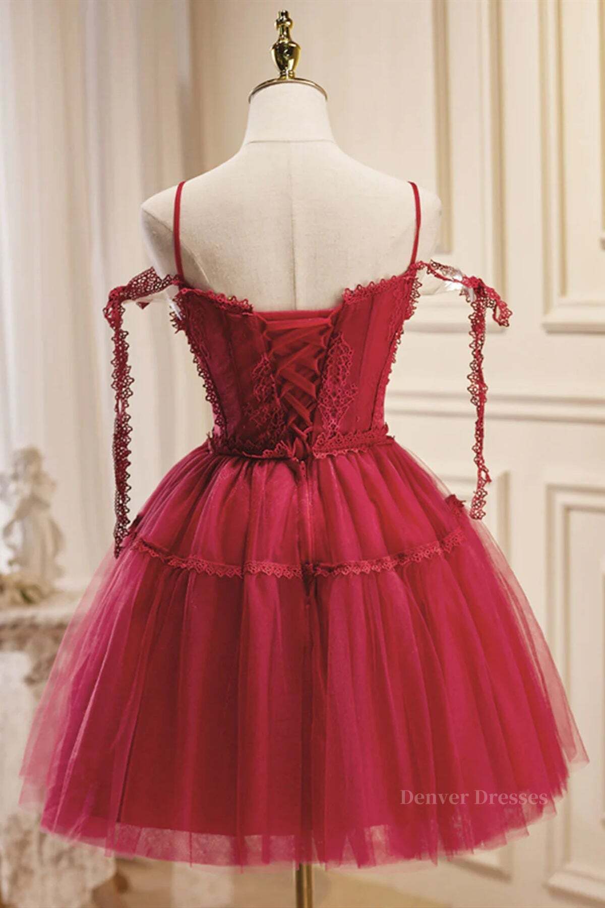 Party Dress Code Idea, Off the Shoulder Short Burgundy Lace Prom Dresses, Wine Red Short Lace Formal Graduation Dresses