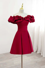 Dinner Dress Classy, Off the Shoulder Short Burgundy Prom Dresses, Short Wine Red Graduation Homecoming Dresses