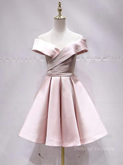 Simple Wedding Dress, Off the Shoulder Short Pink Prom Dresses, Short Pink Formal Evening Graduation Dresses