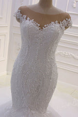 Weddings Dress Near Me, Off the Shoulder Sweetheart White Lace Appliques Tulle Mermaid Wedding Dress