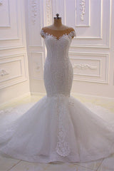 Weddings Dresses Near Me, Off the Shoulder Sweetheart White Lace Appliques Tulle Mermaid Wedding Dress