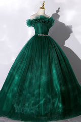 Prom Dresse 2018, Off the Shoulder Tulle Long Prom Dress, Green A-Line Evening Graduation Dress