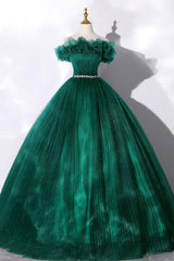 Prom Dresses Green, Off the Shoulder Tulle Long Prom Dress, Green A-Line Evening Graduation Dress