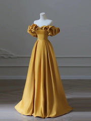Dinner Dress, Off the Shoulder Yellow Long Prom Dresses, Yellow Off Shoulder Long Formal Evening Dresses