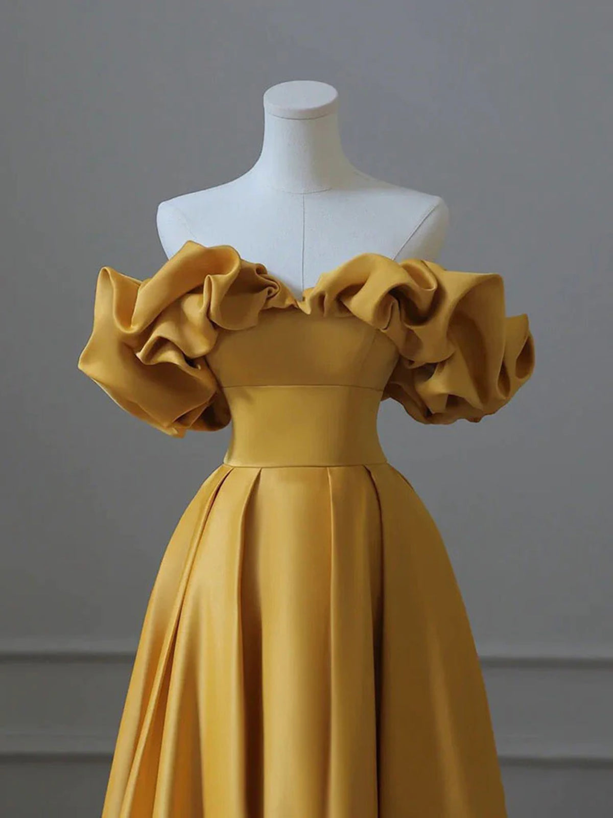 Satin Prom Dress, Off the Shoulder Yellow Long Prom Dresses, Yellow Off Shoulder Long Formal Evening Dresses