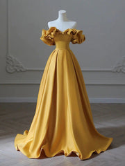 Dark Red Dress, Off the Shoulder Yellow Long Prom Dresses, Yellow Off Shoulder Long Formal Evening Dresses