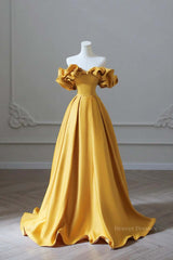 Party Dresses Pink, Off the Shoulder Yellow Satin Long Prom Dresses, Off Shoulder Yellow Long Formal Evening Dresses