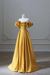 Party Dress Satin, Off the Shoulder Yellow Satin Long Prom Dresses, Off Shoulder Yellow Long Formal Evening Dresses