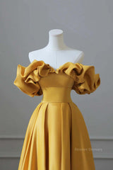Party Dress India, Off the Shoulder Yellow Satin Long Prom Dresses, Off Shoulder Yellow Long Formal Evening Dresses