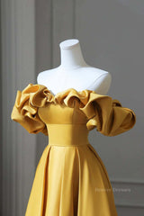 Party Dresses Clubwear, Off the Shoulder Yellow Satin Long Prom Dresses, Off Shoulder Yellow Long Formal Evening Dresses