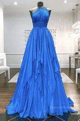 Formal Dresses Cocktail, One Shoulder Backless Blue Chiffon Long Prom Dress, Beaded Blue Long Formal Evening Dress