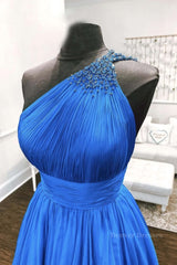 Formal Dress For Wedding Party, One Shoulder Backless Blue Chiffon Long Prom Dress, Beaded Blue Long Formal Evening Dress