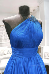 Formal Dress Floral, One Shoulder Backless Blue Chiffon Long Prom Dress, Beaded Blue Long Formal Evening Dress