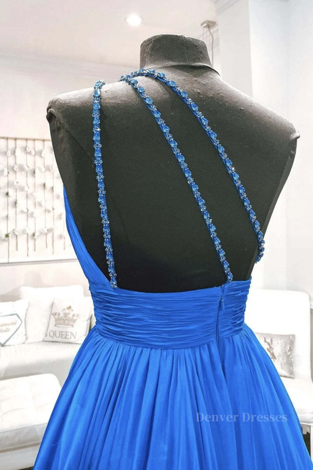 Formal Dresses Long Blue, One Shoulder Backless Blue Chiffon Long Prom Dress, Beaded Blue Long Formal Evening Dress