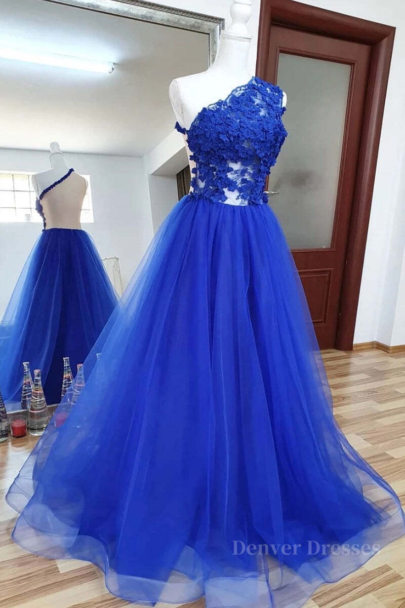 Prom Dress Guide, One Shoulder Backless Royal Blue Lace Long Prom Dress, Royal Blue Lace Formal Dress, Backless Royal Blue Evening Dress