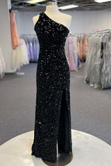 Party Dress Idea, One Shoulder Black Sequins Mermaid Long Prom Dresses, Black Sequins Mermaid Long Prom Dresses