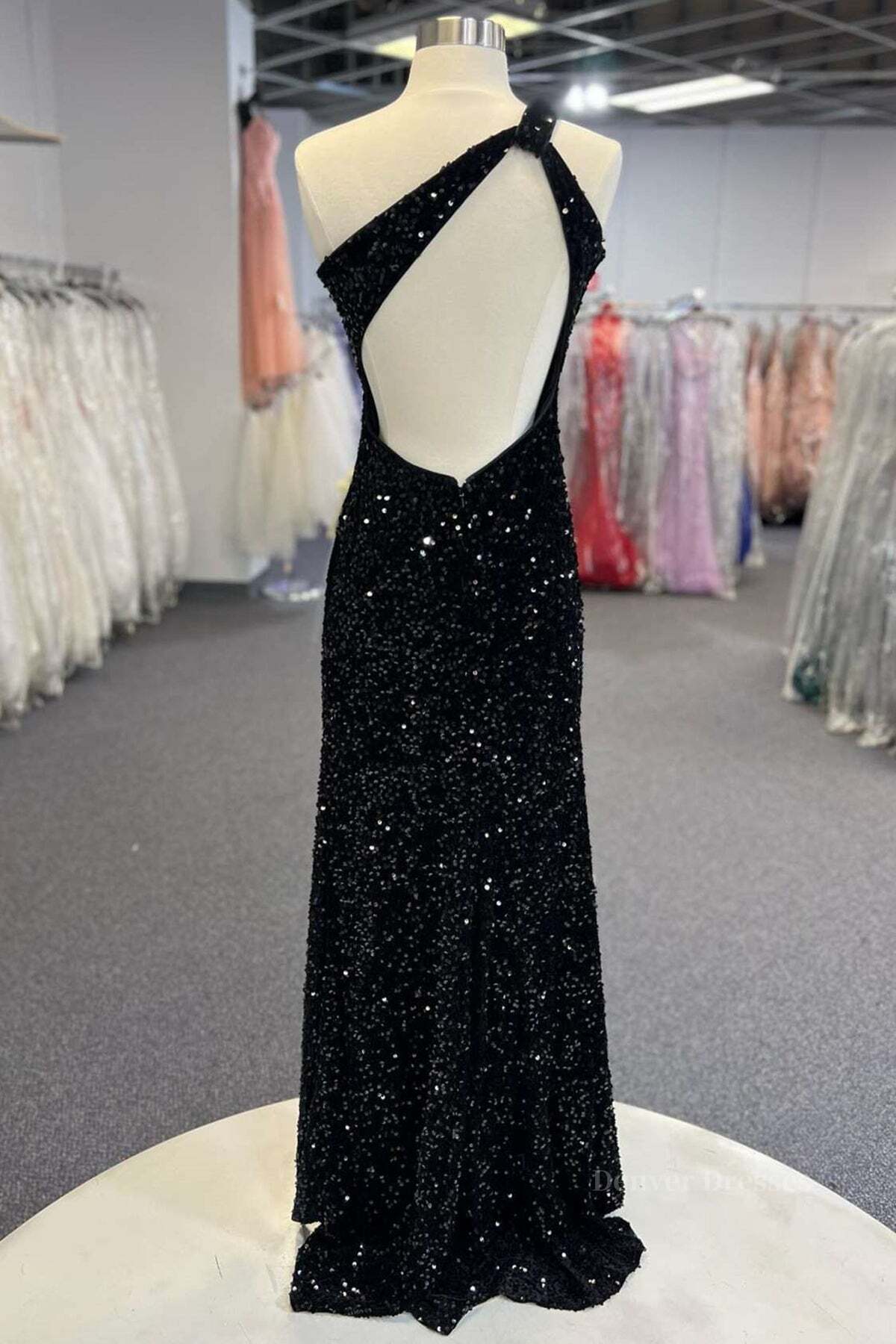 Party Dresses Online, One Shoulder Black Sequins Mermaid Long Prom Dresses, Black Sequins Mermaid Long Prom Dresses