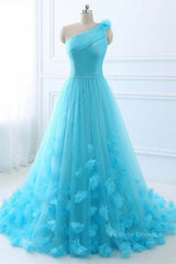 Prom Dresse 2049, One Shoulder Blue Floral Long Prom Dresses, One Shoulder Blue Formal Dresses, 3D Flowers Blue Evening Dresses