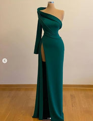 Homecoming Dress Chiffon, One Shoulder Long Sleeves Evening Gowns With Slit Formal Occasion Pageant Dress