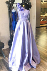 Homecoming Dresses Floral, One Shoulder Purple Satin Long Prom Dresses with Flowers, Purple Formal Evening Dresses