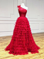 Formal Dress Inspo, One Shoulder Red Lace High Low Prom Dresses, Red High Low Lace Formal Evening Dresses