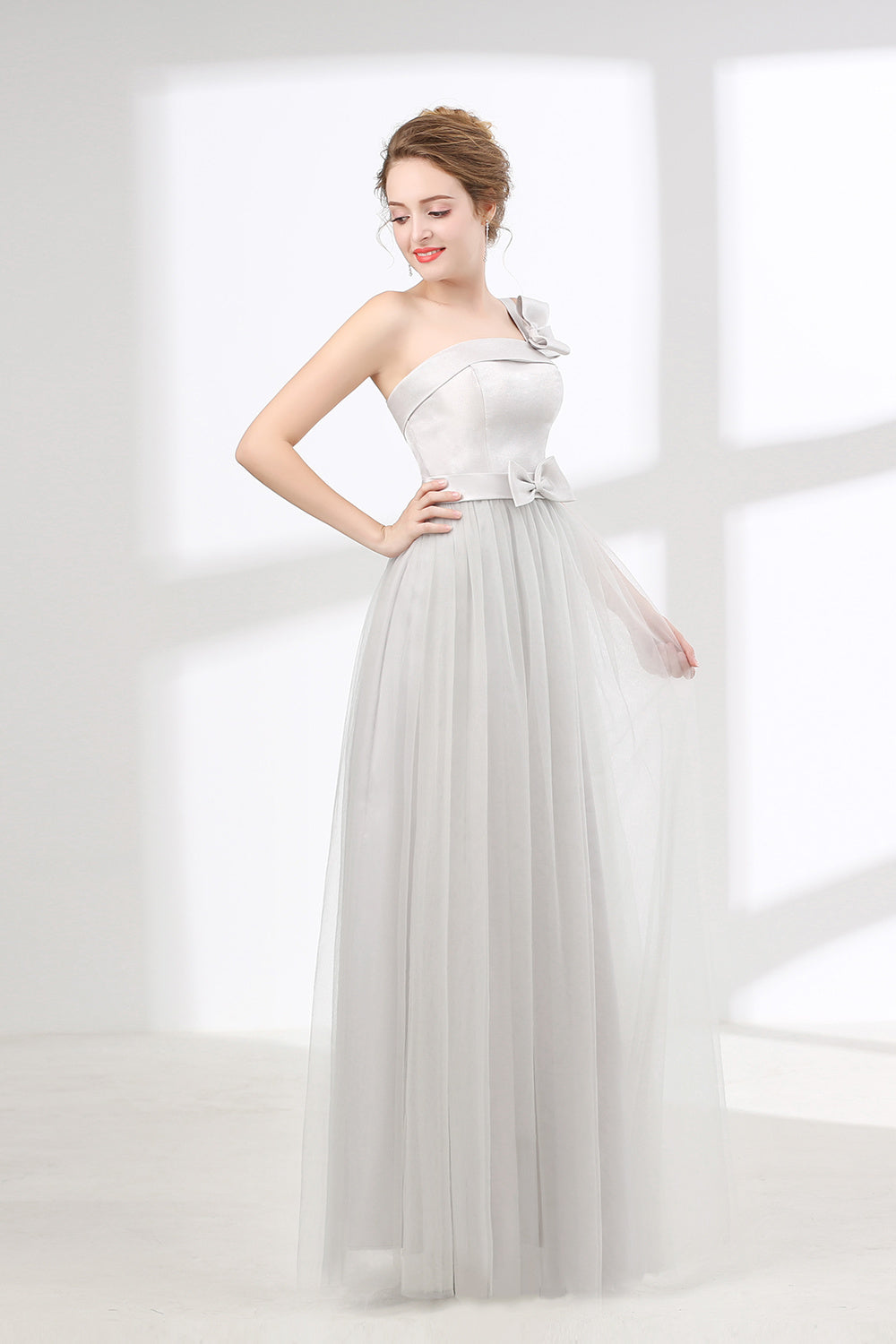 Prom Dresses Around Me, One Shoulder Soft Gray Floor Length Prom Dresses