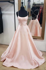 Evening Dresses Lace, Open Back Pink Satin Long Prom Dresses, Backless Pink Satin Long Formal Evening Dresses