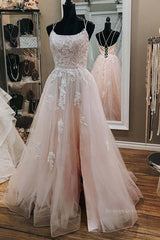 Party Fitness, Open Back Pink Tulle Lace Long Prom Dress with Appliques, Pink Lace Formal Graduation Evening Dress