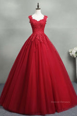 Evening Dress Classy, Open Back Red Lace Long Prom Dress, Red Lace Formal Evening Dress, Red Ball Gown