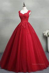 Evening Dresses Prom Long, Open Back Red Lace Long Prom Dress, Red Lace Formal Evening Dress, Red Ball Gown