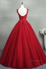 Evening Dress V Neck, Open Back Red Lace Long Prom Dress, Red Lace Formal Evening Dress, Red Ball Gown