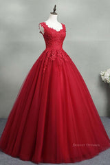 Evening Dresses V Neck, Open Back Red Lace Long Prom Dress, Red Lace Formal Evening Dress, Red Ball Gown