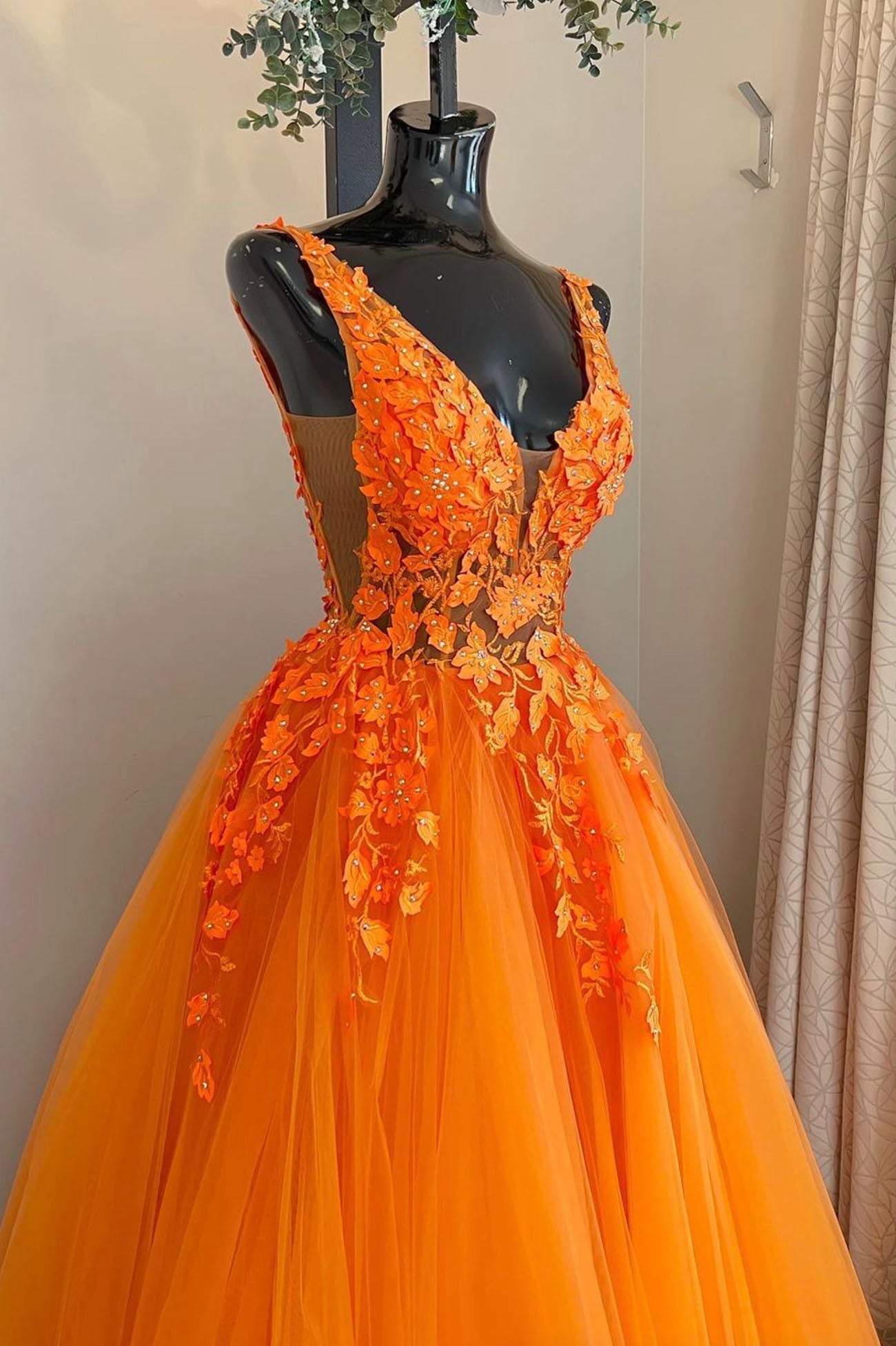 Party Dress For Teen, Orange V-Neck Tulle Lace Long Prom Dress, A-Line Backless Evening Dress