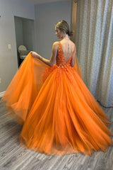 Party Dress For Teens, Orange V-Neck Tulle Lace Long Prom Dress, A-Line Backless Evening Dress