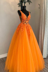 Party Dress Ladies, Orange V-Neck Tulle Lace Long Prom Dress, A-Line Backless Evening Dress