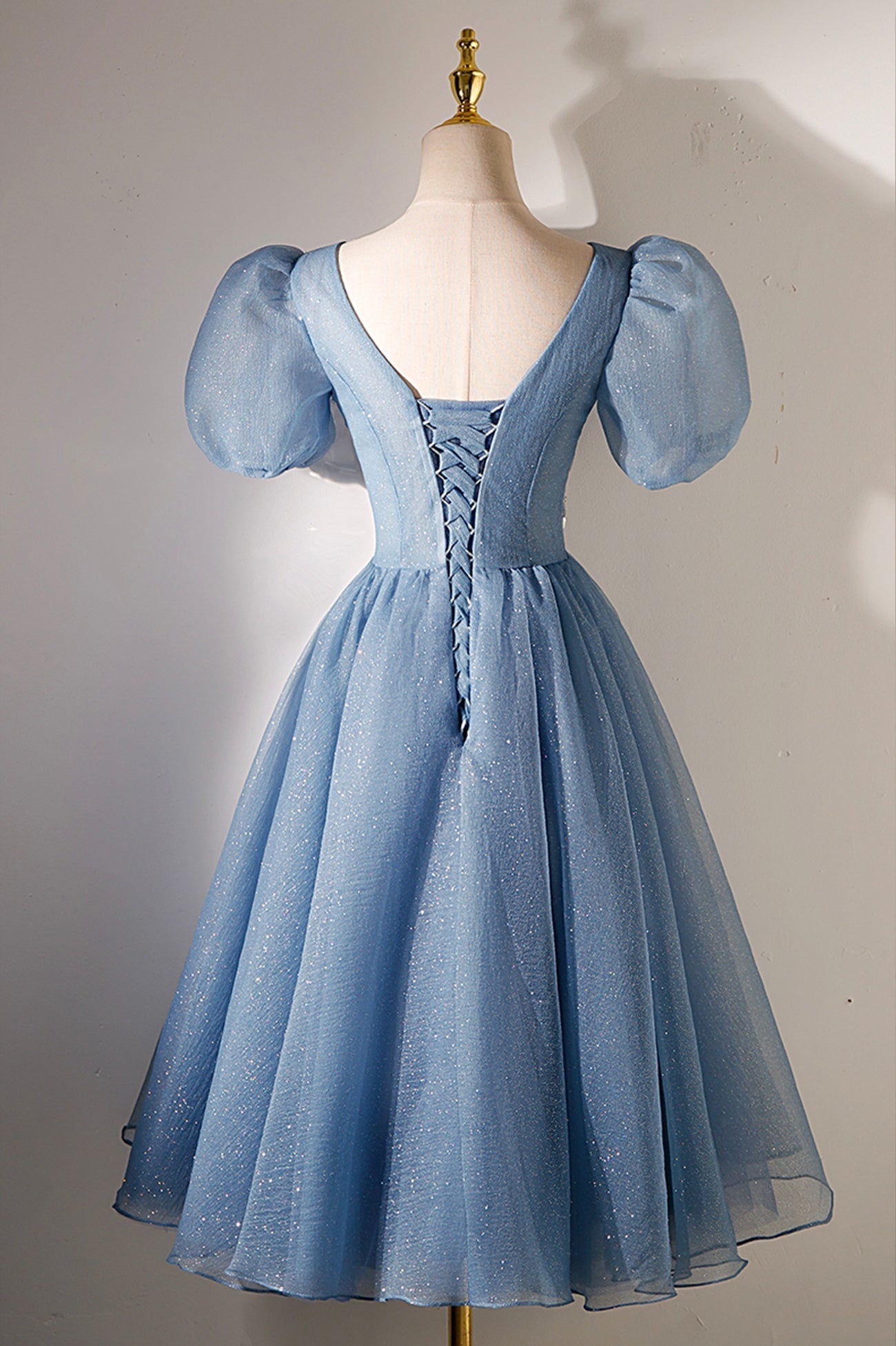 Party Dress Style Shop, A-line V-neck Sequins Short Prom Dress, Blue Short Sleeve Evening Dress
