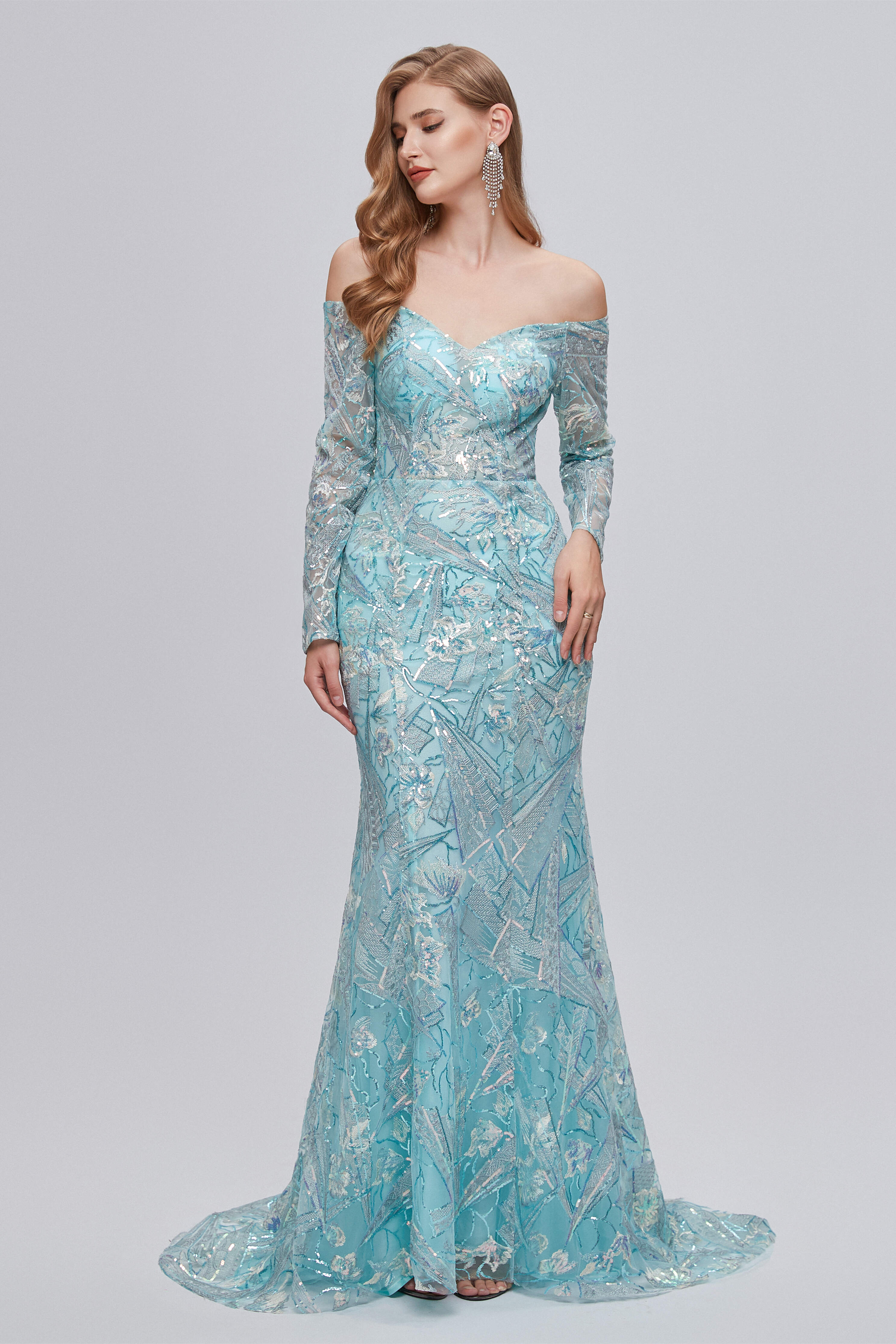 Prom Dress Ideas Unique, Pastel Blue Sparkly Embroidery Long Sleeve Mermaid Evening Dresses