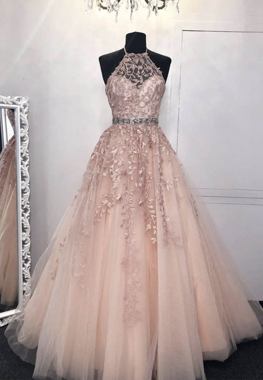 Bridesmaid Dress Floral, Pink Lace Long Prom Dresses, A-Line Formal Graduation Dresses