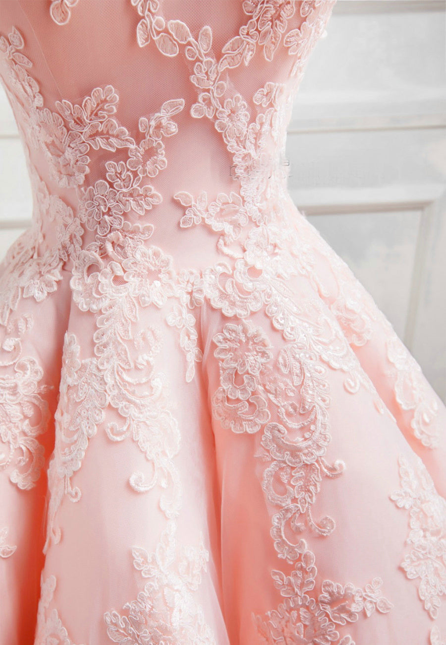 Small Wedding Ideas, Pink Lace Long A-Line Prom Dresses, Off the Shoulder Evening Dresses